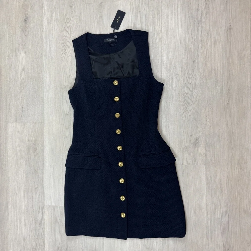 Rag & Bone Mariana Textured Button Front Mini Dress Size 8 Navy Wool Blend $498